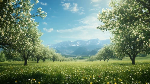 Orchard trees in bloom across valley meadow with mountains.