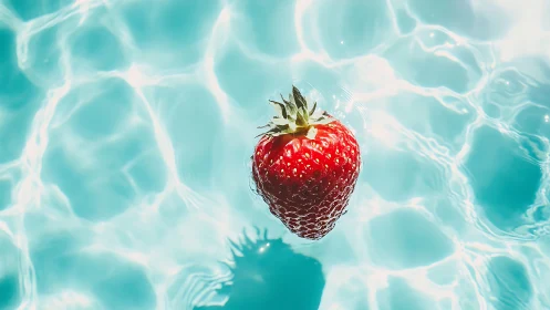 Sunlit strawberry drifting across a sparkling turquoise pool.