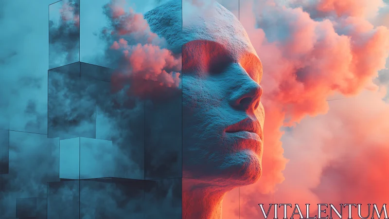 Textured human head sculpture amid colored volumetric clouds.