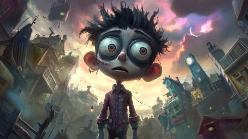 Digital painting of wide-eyed boy in skewed twilight cityscape.