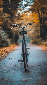 Bicycle parked on autumn path surrounded by fall foliage.