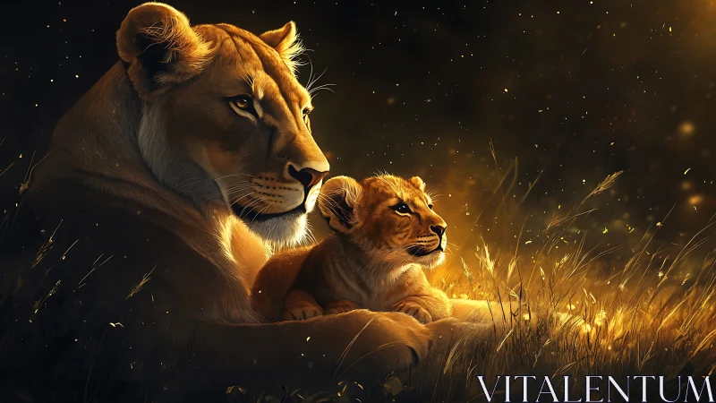 Lioness with cub in golden grassland setting