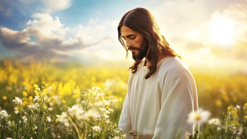 Contemplative robed figure in sunlit meadow rendered photorealistically