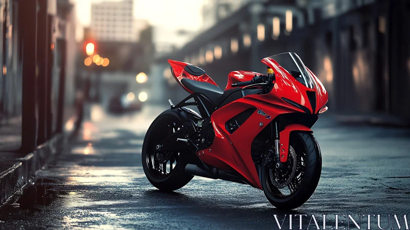 Red supersport motorcycle stands on wet urban street at dusk