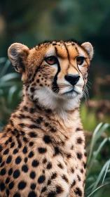 Calm cheetah gazes ahead in lush, softly blurred habitat