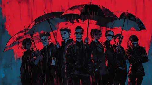 Group of people under umbrellas stands against red background