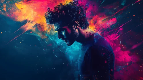 Chromatic silhouette in dynamic bicolor particle eruption.