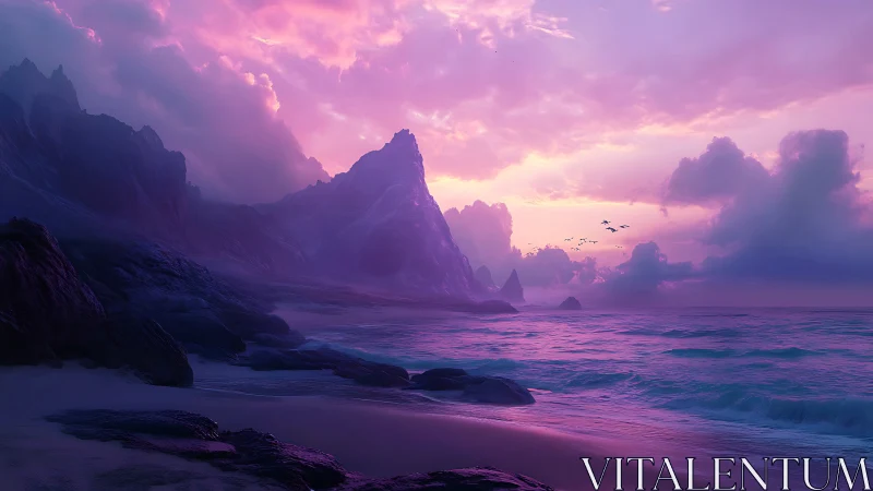 Violet twilight coast with towering cliffs and luminous surf.