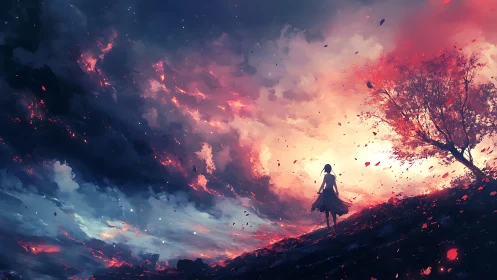 Girl beneath a glowing storm sky of fire and twilight.
