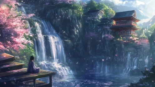 Waterfall temple dreams under drifting cherry blossom skies.