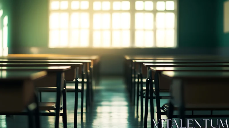 Empty classroom interior catches soft evening window light