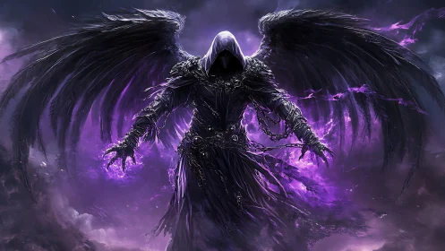 Dark winged reaper conjuring violet arcane storm power.