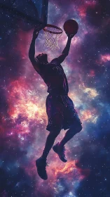 Basketball player soars through cosmic nebula toward hoop.