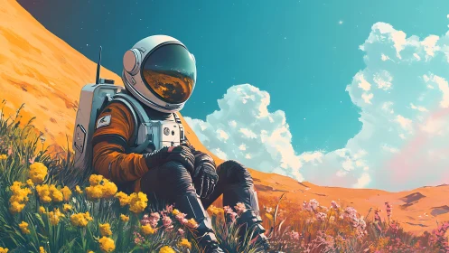 Solitary astronaut rests in wildflowers on vivid alien dune