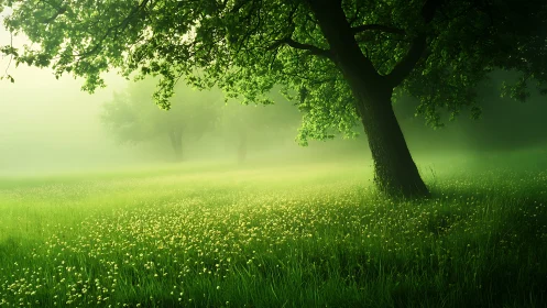 Morning hush under a leaning tree in glowing green fog.