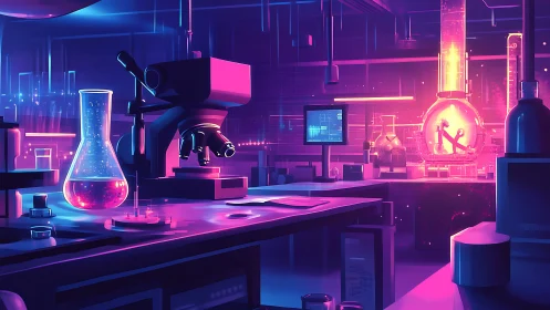Neon lit futuristic laboratory with microscope and flasks.