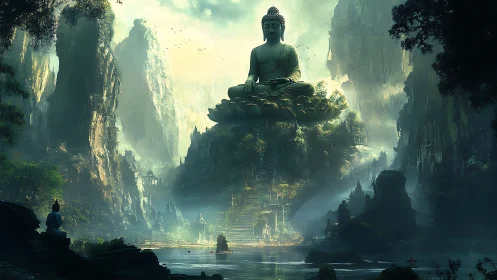 Misty mountain temple where a serene Buddha watches quietly.