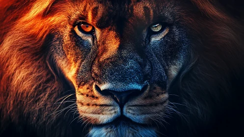 Close frontal view shows lion face with dual tone lighting