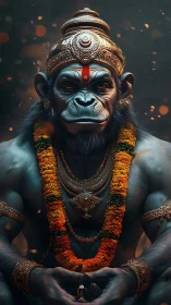 Divine simian warrior sits in sacred calm amid glowing embers