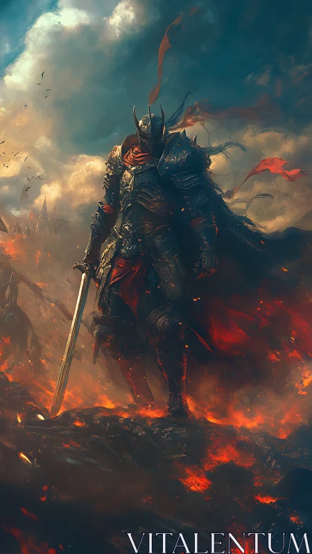 Armored figure stands on volcanic terrain under dense clouds