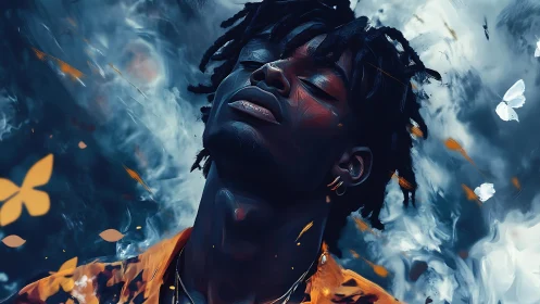 Midnight dreamer drifting with ember butterflies in smoke.