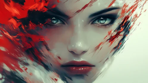 Digital painting portrait with dynamic red abstraction framing.