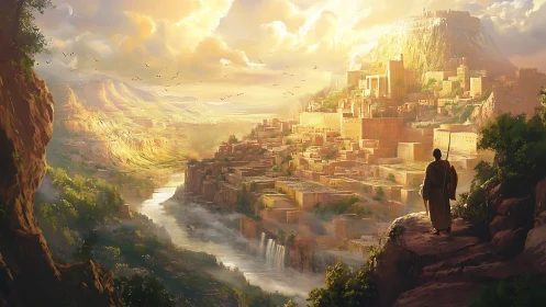 Golden citadel above cascading river in sunrise mist.