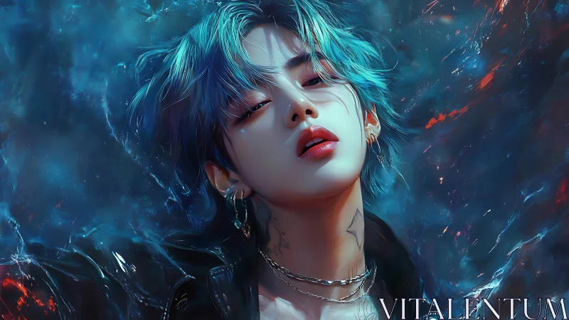 Storm-kissed rebel leans into neon tides of electric blue desire