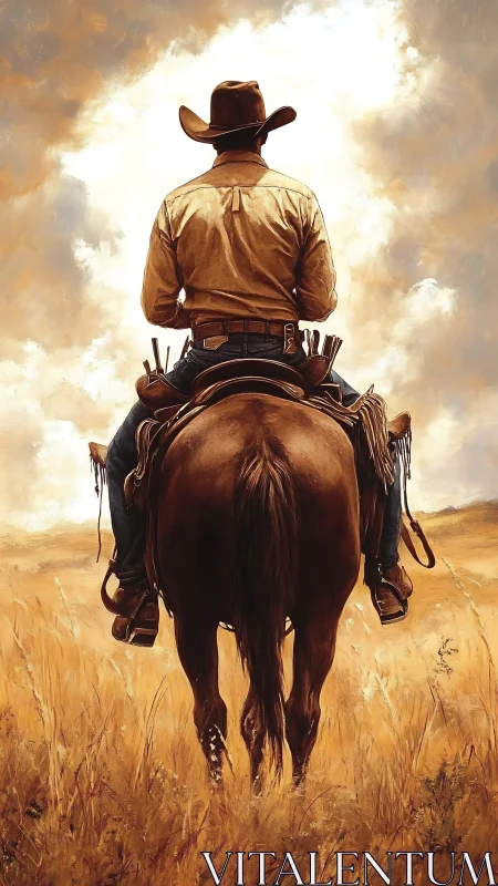 Rear-projection study of mounted cowboy in ochre grassland.