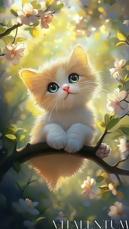 Fluffy kitten perches on flowering branch under soft sunlight
