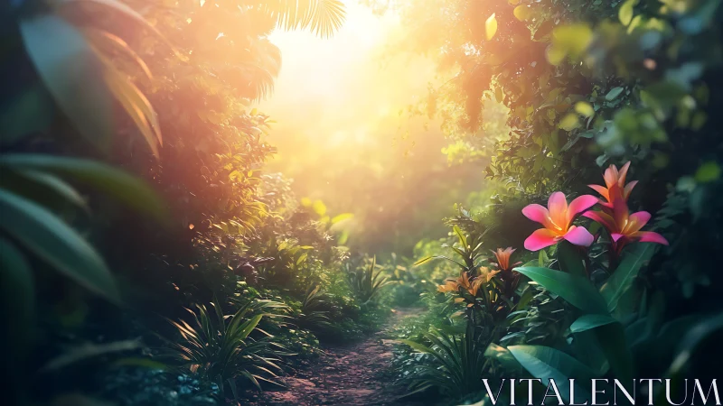 Radiant Garden Path Bathed in Golden Sunlight.