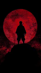 Lone warrior silhouette stands before a blood red moon