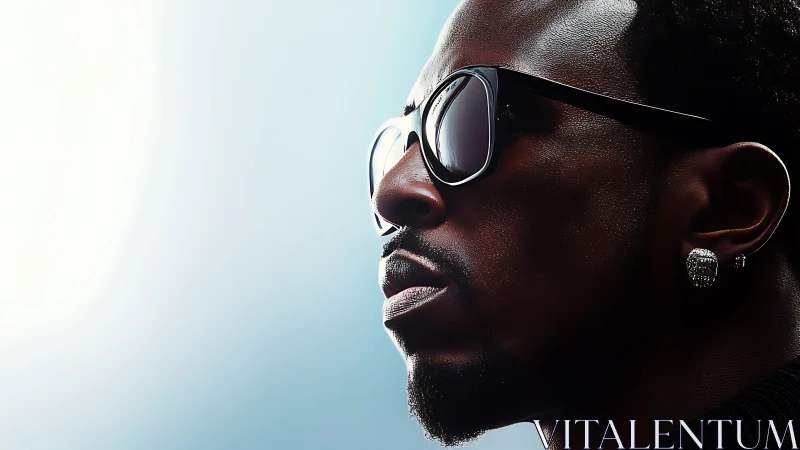 High-contrast profile portrait with reflective eyewear geometry.