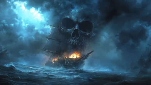Spectral stormfront skull framing burning ghost galleon seascape.