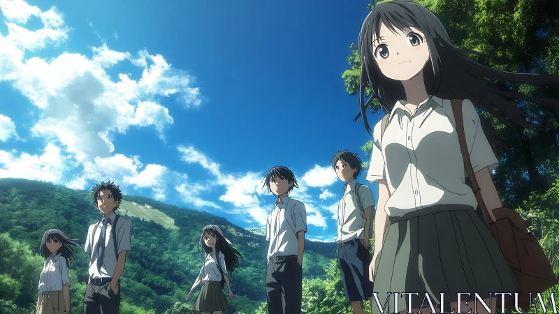 Summer hillside ensemble of anime students under cumulus sky