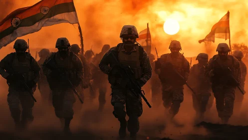 Indian soldiers advancing through dust at sunset during drill.