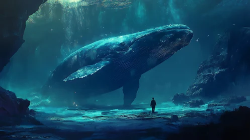 Colossal blue whale confronting lone figure in abyssal cavern.