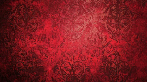 Red ornamental texture displays distressed damask pattern