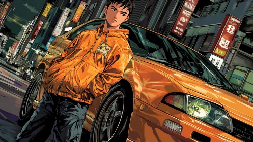 Urban street racer beside golden coupe in neon cityscape.