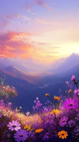 Digital landscape depicts mountain valley with wildflower foreground