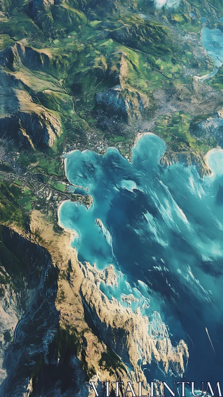 Turquoise coastal bays with steep rocky cliffs and green alpine terrain.