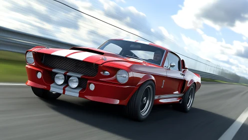 Red classic muscle car racing on track with motion blur detail.