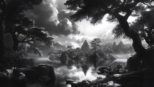 Monochrome mountain lake landscape with dramatic cloudbank