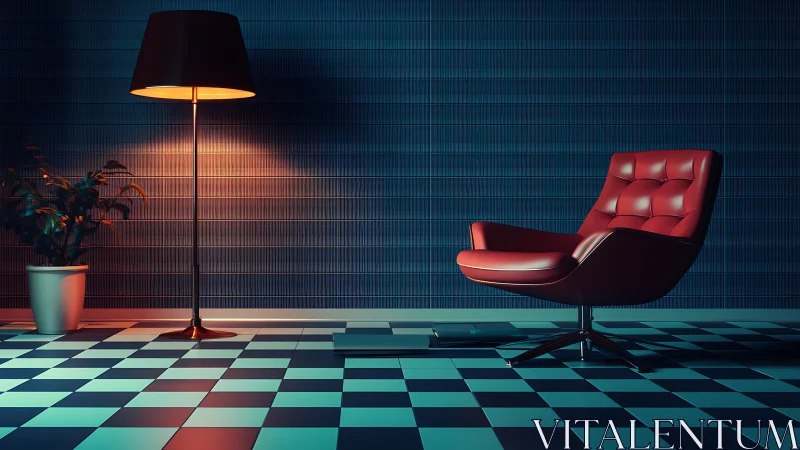 Cozy red lounge chair glowing under soft lamplight.