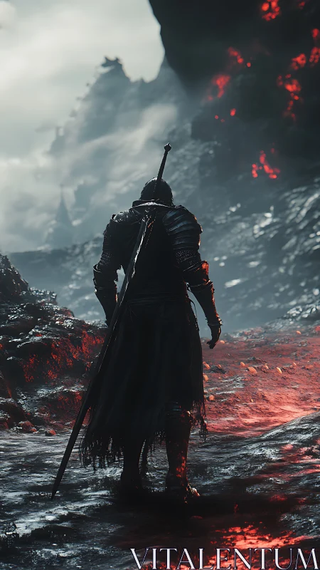 Armored figure on volcanic path with glowing lava field.