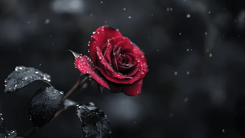 Deep Crimson Rose with Rain Droplets Against Dark Background