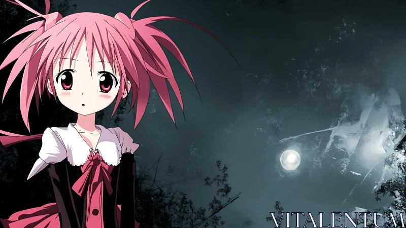 Pink-haired anime girl contrasts with moody nocturnal sky