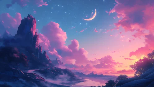 Dreamy crescent moon above glowing pink twilight clouds.