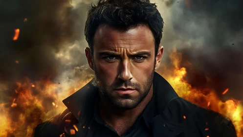 Brooding action hero amid cinematic flames and smoke.