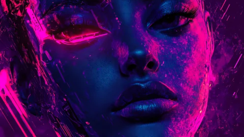 Neon cybernetic portrait with retinal HUD and glitch textures.